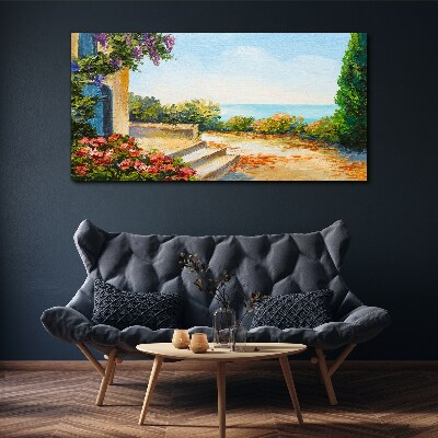 Seaside landscape with flowers Print on canvas