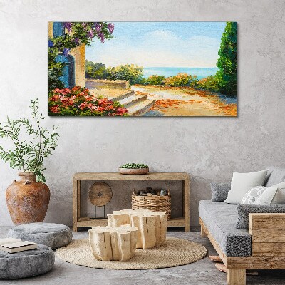Seaside landscape with flowers Print on canvas