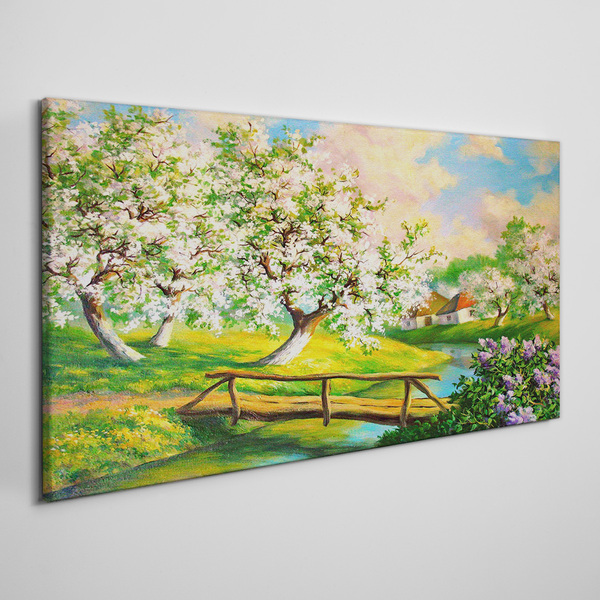 Spring landscape with a bridge Canvas wall art