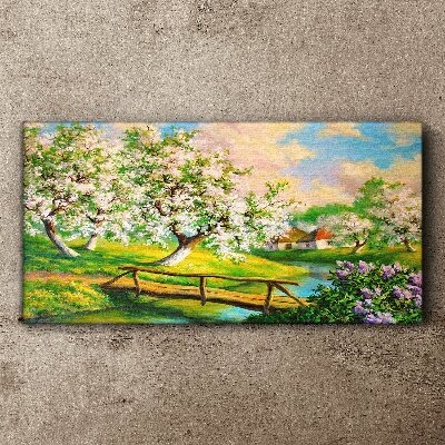 Spring landscape with a bridge Canvas wall art