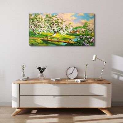 Spring landscape with a bridge Canvas wall art