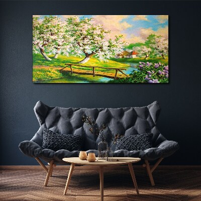 Spring landscape with a bridge Canvas wall art