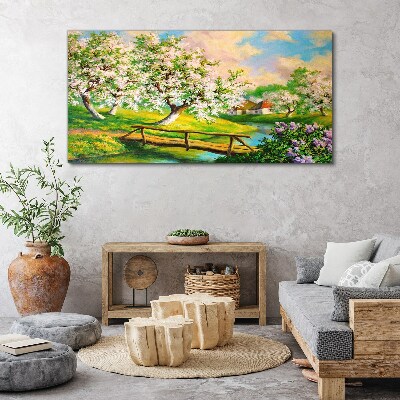 Spring landscape with a bridge Canvas wall art