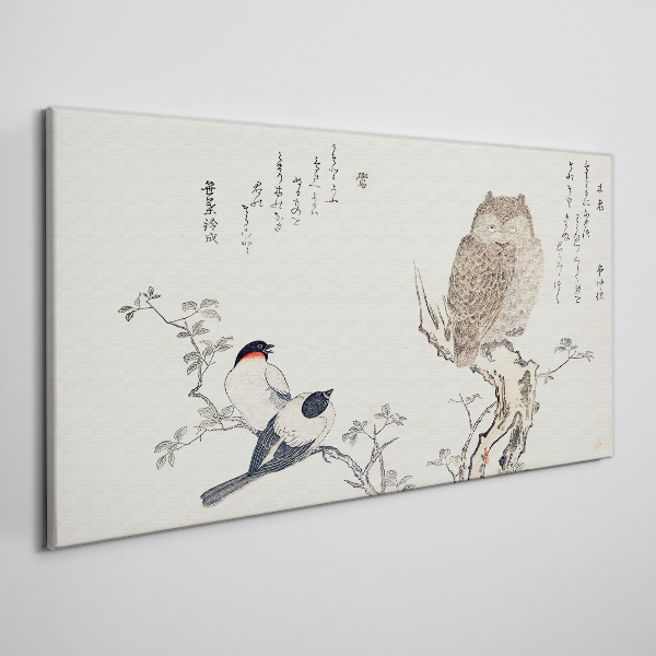Birds and an owl on a branch Print on canvas