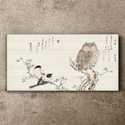 Birds and an owl on a branch Print on canvas