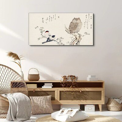 Birds and an owl on a branch Print on canvas
