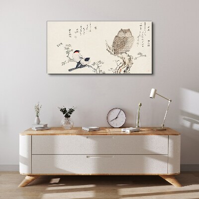 Birds and an owl on a branch Print on canvas