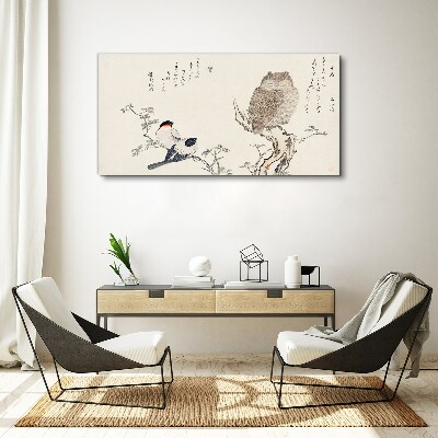 Birds and an owl on a branch Print on canvas