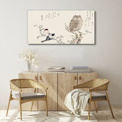 Birds and an owl on a branch Print on canvas