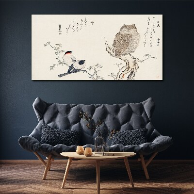 Birds and an owl on a branch Print on canvas