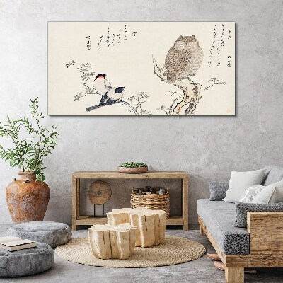 Birds and an owl on a branch Print on canvas