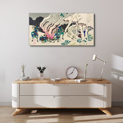Winter landscape with people around the campfire Canvas wall art