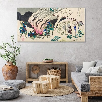 Winter landscape with people around the campfire Canvas wall art