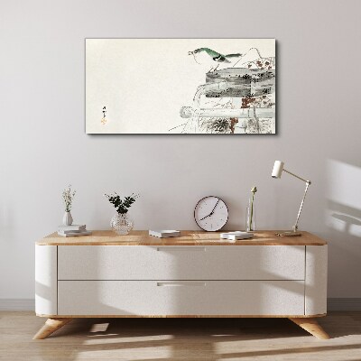 A bird in front of a Japanese landscape Canvas wall art