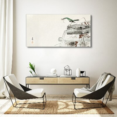 A bird in front of a Japanese landscape Canvas wall art