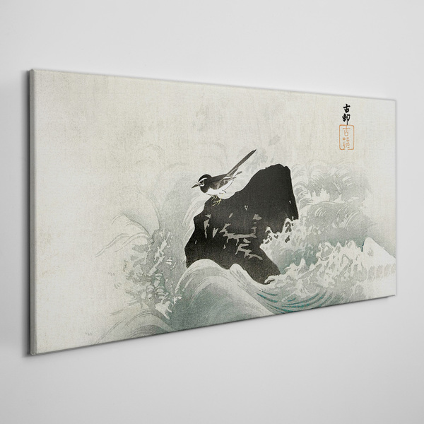A bird on a rock in the waves Canvas wall art