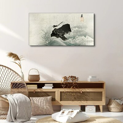 A bird on a rock in the waves Canvas wall art