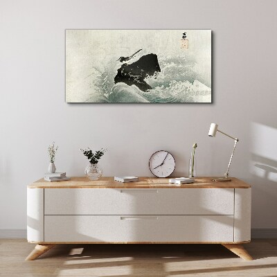 A bird on a rock in the waves Canvas wall art