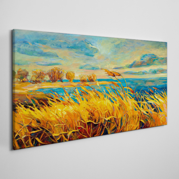 Golden grass over blue water Canvas wall art