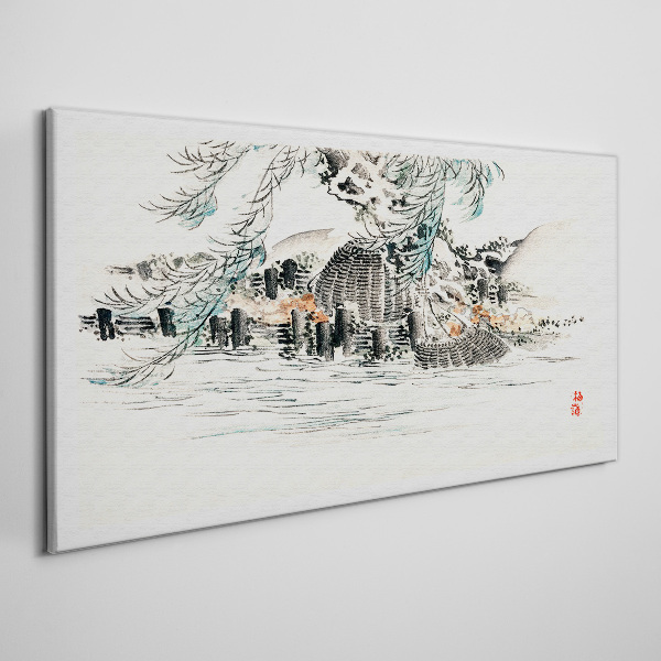 A peaceful landscape with a mountain lake Print on canvas
