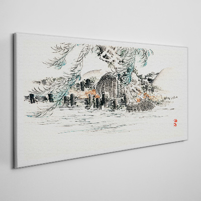 A peaceful landscape with a mountain lake Print on canvas