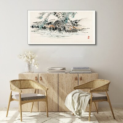 A peaceful landscape with a mountain lake Print on canvas