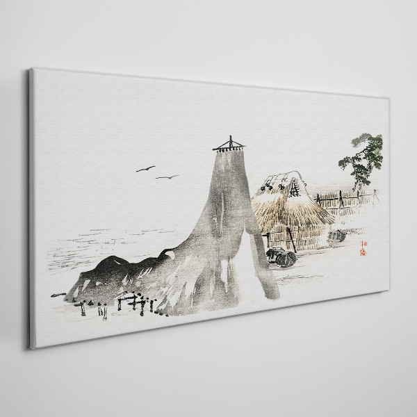 Tree cottages sea birds Canvas Wall art