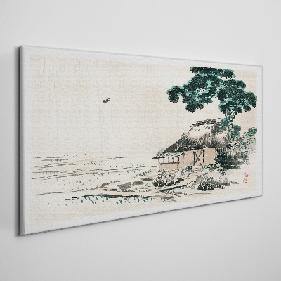 Peaceful country cottage by the lake Print on canvas