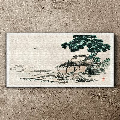 Peaceful country cottage by the lake Print on canvas