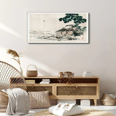 Peaceful country cottage by the lake Print on canvas
