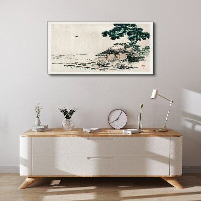 Peaceful country cottage by the lake Print on canvas