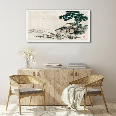 Peaceful country cottage by the lake Print on canvas