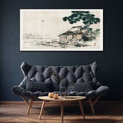 Peaceful country cottage by the lake Print on canvas