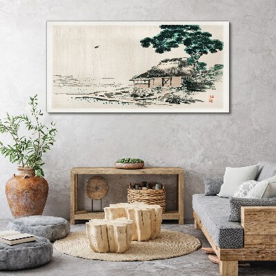 Peaceful country cottage by the lake Print on canvas