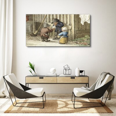 Children playing in the barn Canvas wall art