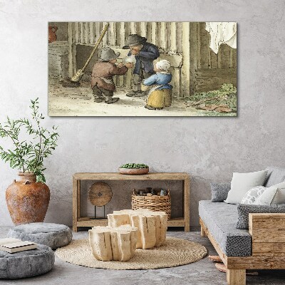 Children playing in the barn Canvas wall art