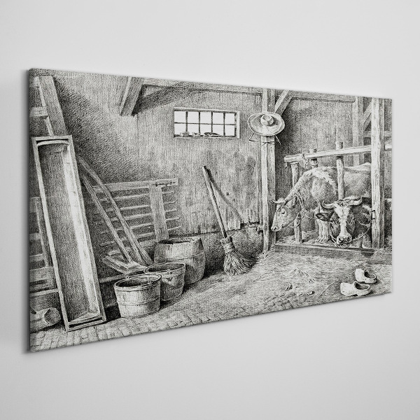 A pen with cows and tools Canvas wall art