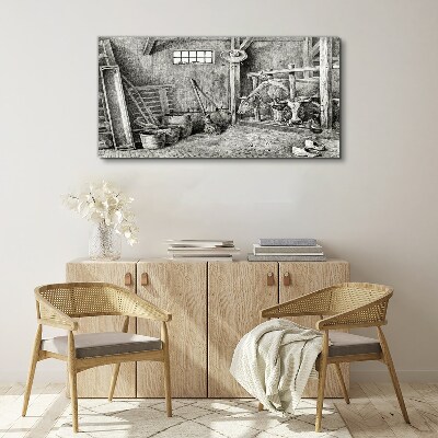 A pen with cows and tools Canvas wall art