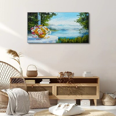 Flower bouquet by the lake Print on canvas