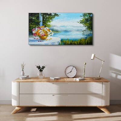 Flower bouquet by the lake Print on canvas