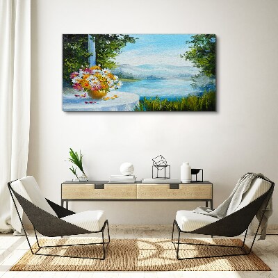 Flower bouquet by the lake Print on canvas