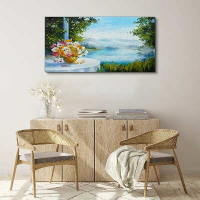 Flower bouquet by the lake Print on canvas