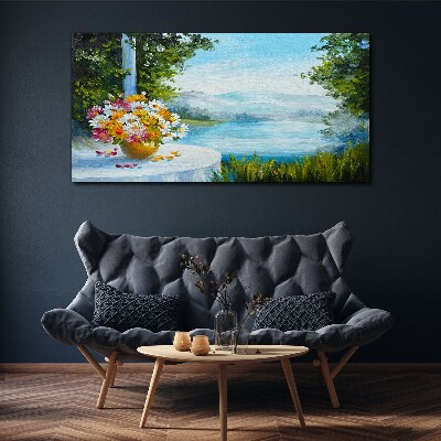 Flower bouquet by the lake Print on canvas