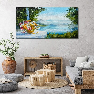 Flower bouquet by the lake Print on canvas