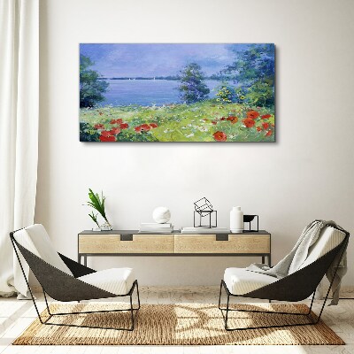 Flower landscape by the lake Canvas wall art