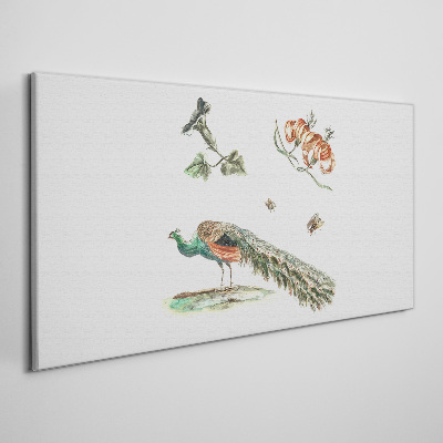 Peacock among flowers and insects Canvas wall art