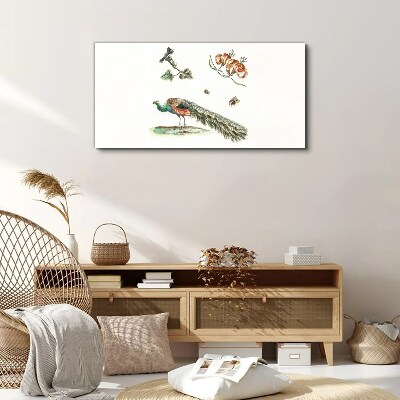 Peacock among flowers and insects Canvas wall art