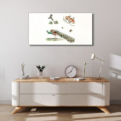 Peacock among flowers and insects Canvas wall art