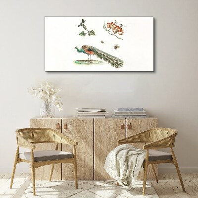 Peacock among flowers and insects Canvas wall art