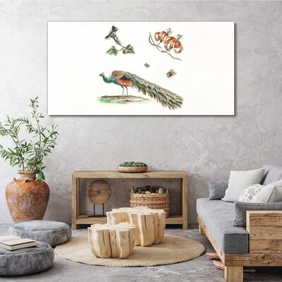 Peacock among flowers and insects Canvas wall art